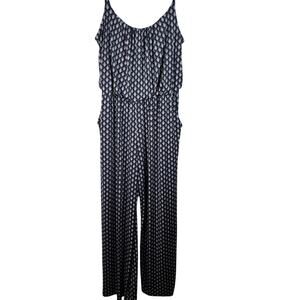 Kaileigh Navy White Printed Sleeveless Jumpsuit Wide Leg Elastic Waist XL